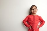 girl with glasses and a red shirt.