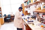 Lab technician working at bench table