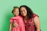 Mom and daughter in red dresses on green background