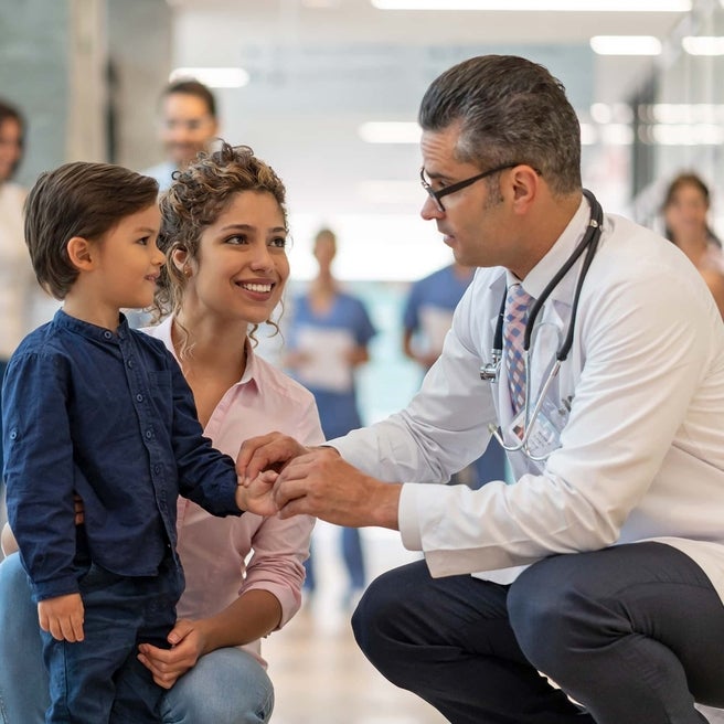 Child and mother smiling talking with medical professional