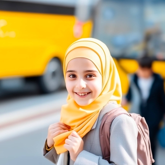 Child standing in front of school buses smiling