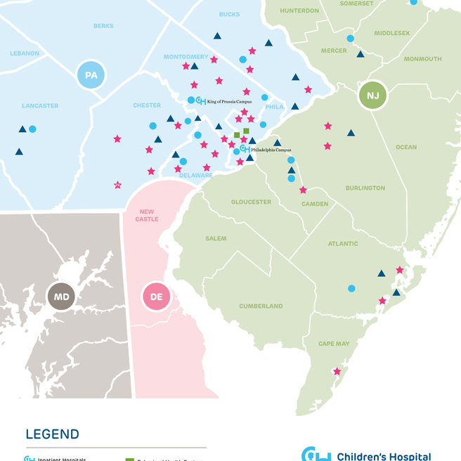 An illustrated map of CHOP's Care Network locations September 2024