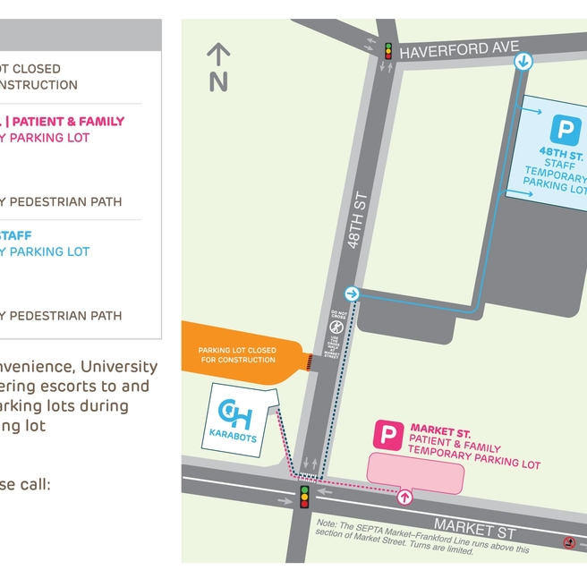 Map of Karabots temporary parking. Patient & Family parking on Market St. between 46th & 48th streets. Staff parking on 48th St. between Market St. & Haverford Ave.