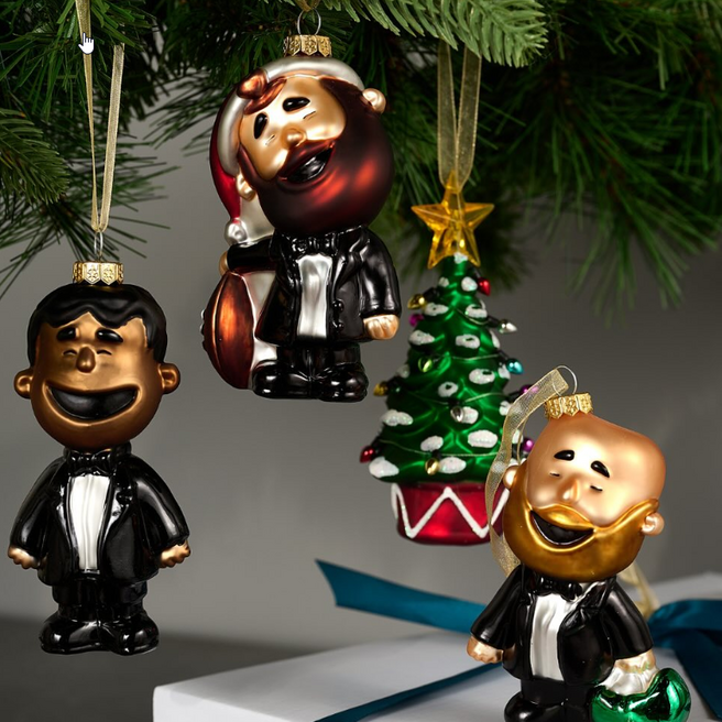 three ornaments of Philadelphia Eagles Players in the style of "Charlie Brown" with a Christmas Tree Ornament