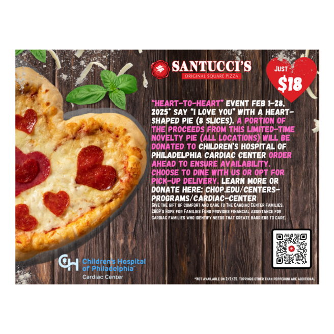 Informational flyer for Santucci's "Heart to Heart" campaign, benefitting CHOP's Cardiac Center