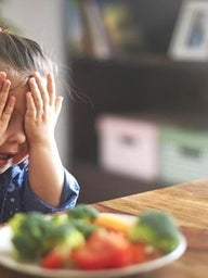 Young girl with hands over eyes sitting in front of a plate of food