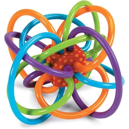 Easy to grasp infant rattle/teether with soft colorful tubes  and low volume rattle in the center, BPA free