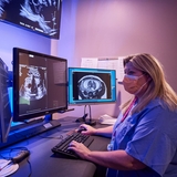 Center's staff member reviewing fetal imaging