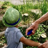 Dad applying insect repellent on child